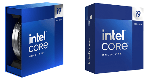 Intel Core i9-14900K retail packaging shown in standard and premium box styles.