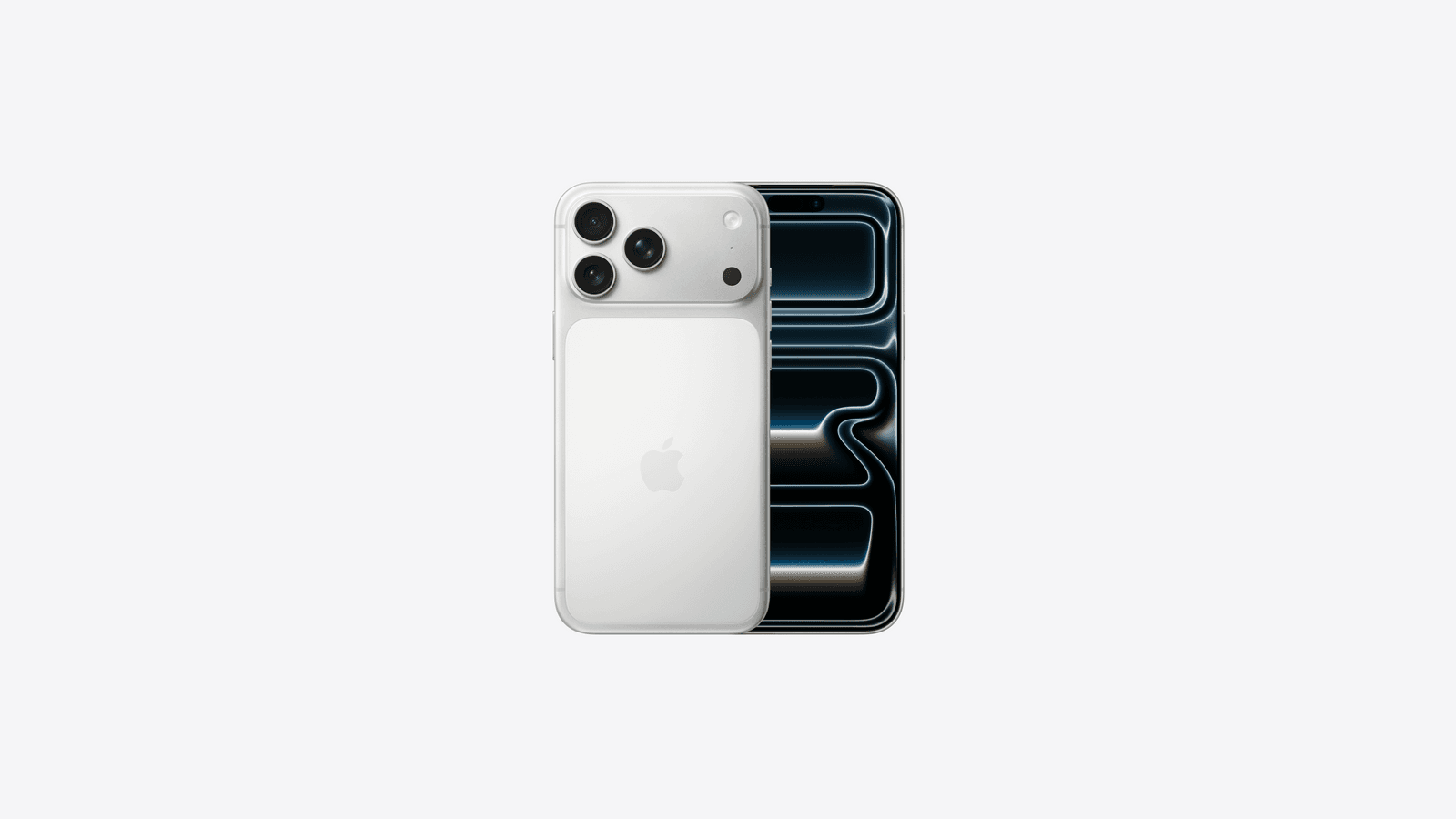 Silver iPhone 17 Pro Max shown from the front and back.