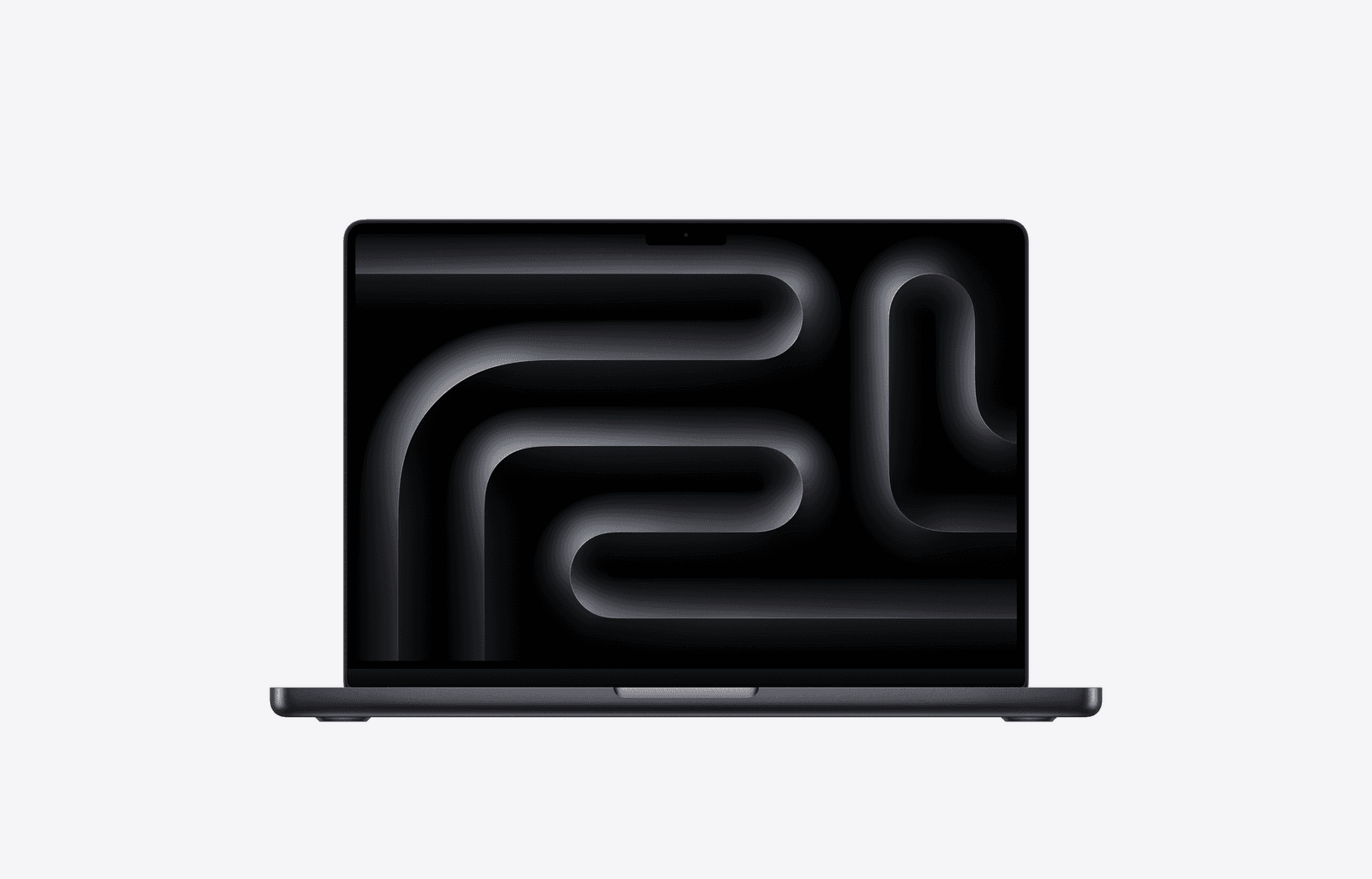 Space Black 14-inch MacBook Pro with M5, open and viewed from the front.
