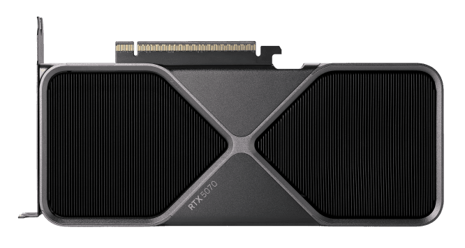 Angled view of an NVIDIA GeForce RTX 5070 Founders Edition graphics card.
