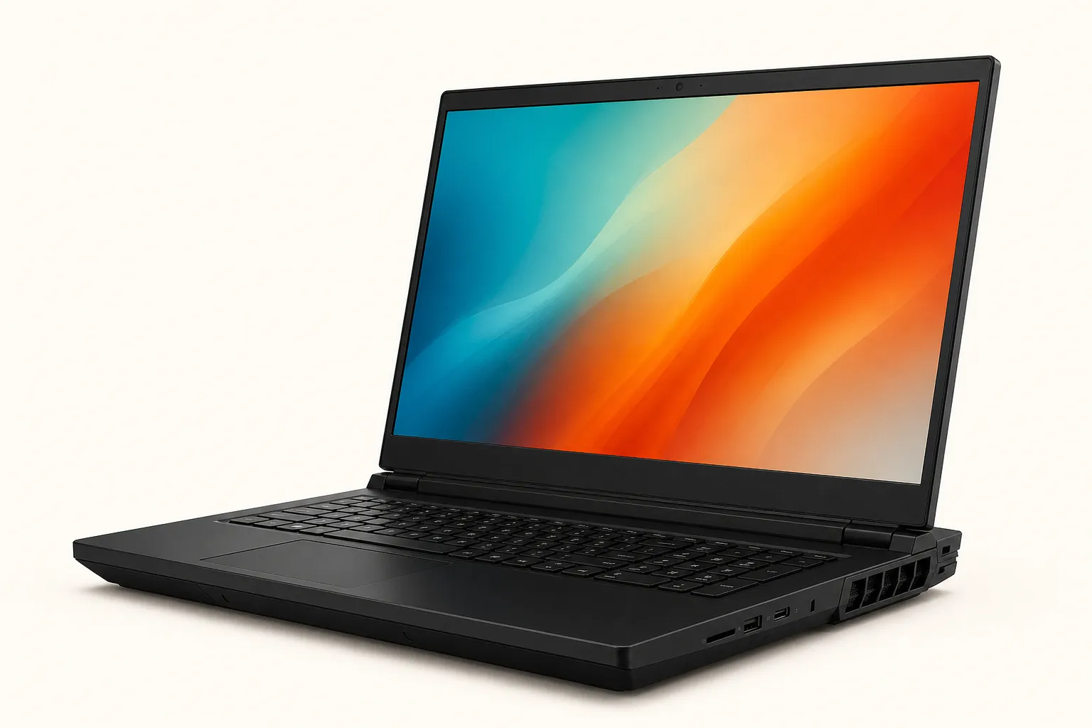 Large black 16-inch laptop with a colourful display, open.