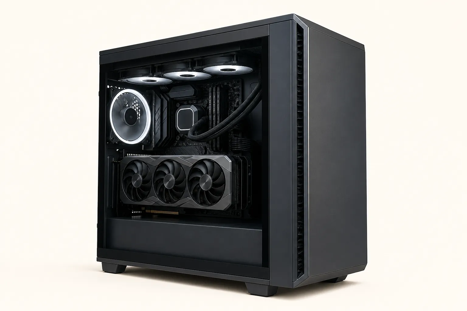 Large dark tower computer with a glass side panel and visible components.