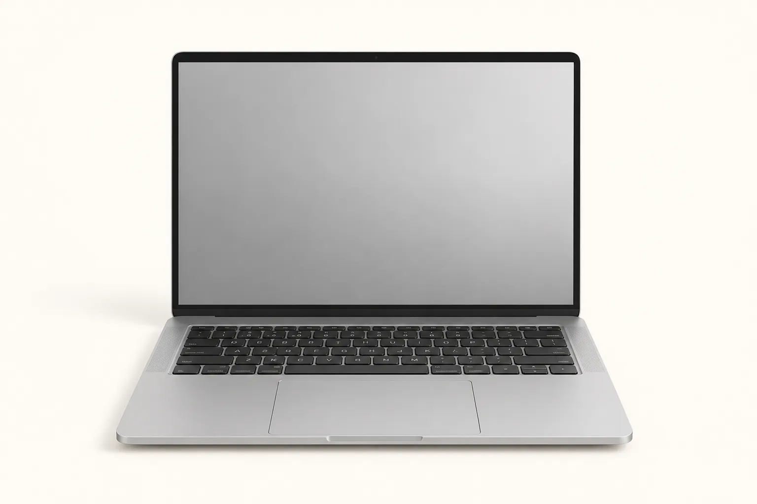 Silver 14-inch laptop, open and viewed from the front.