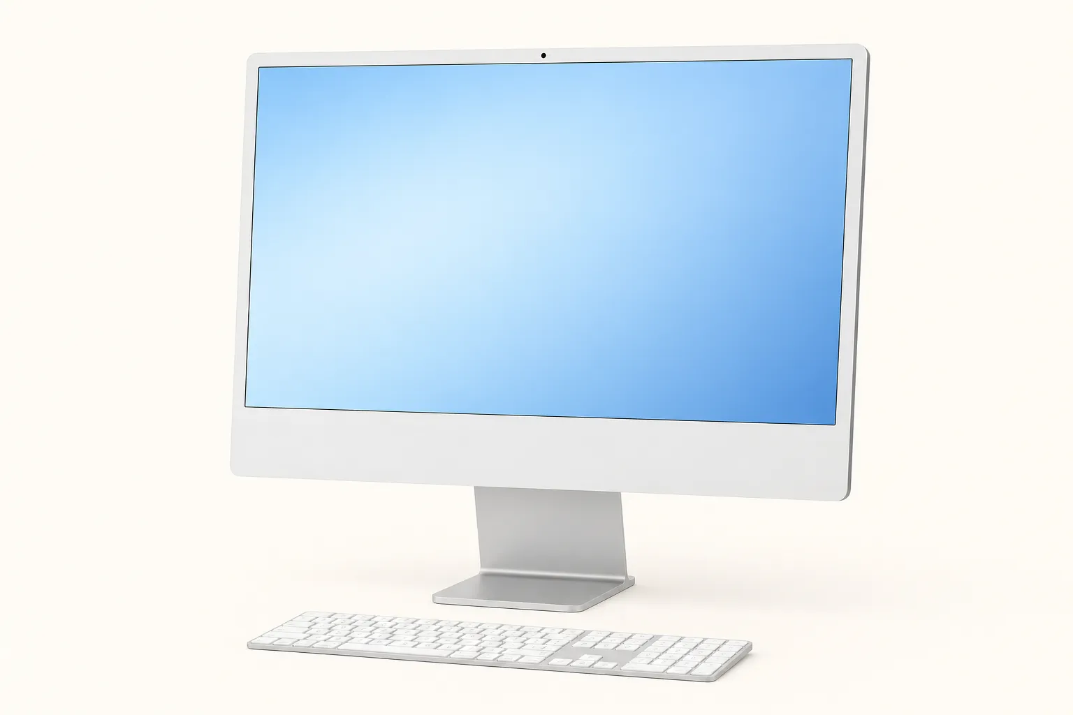 White all-in-one desktop computer with a 24-inch screen on a slim stand.