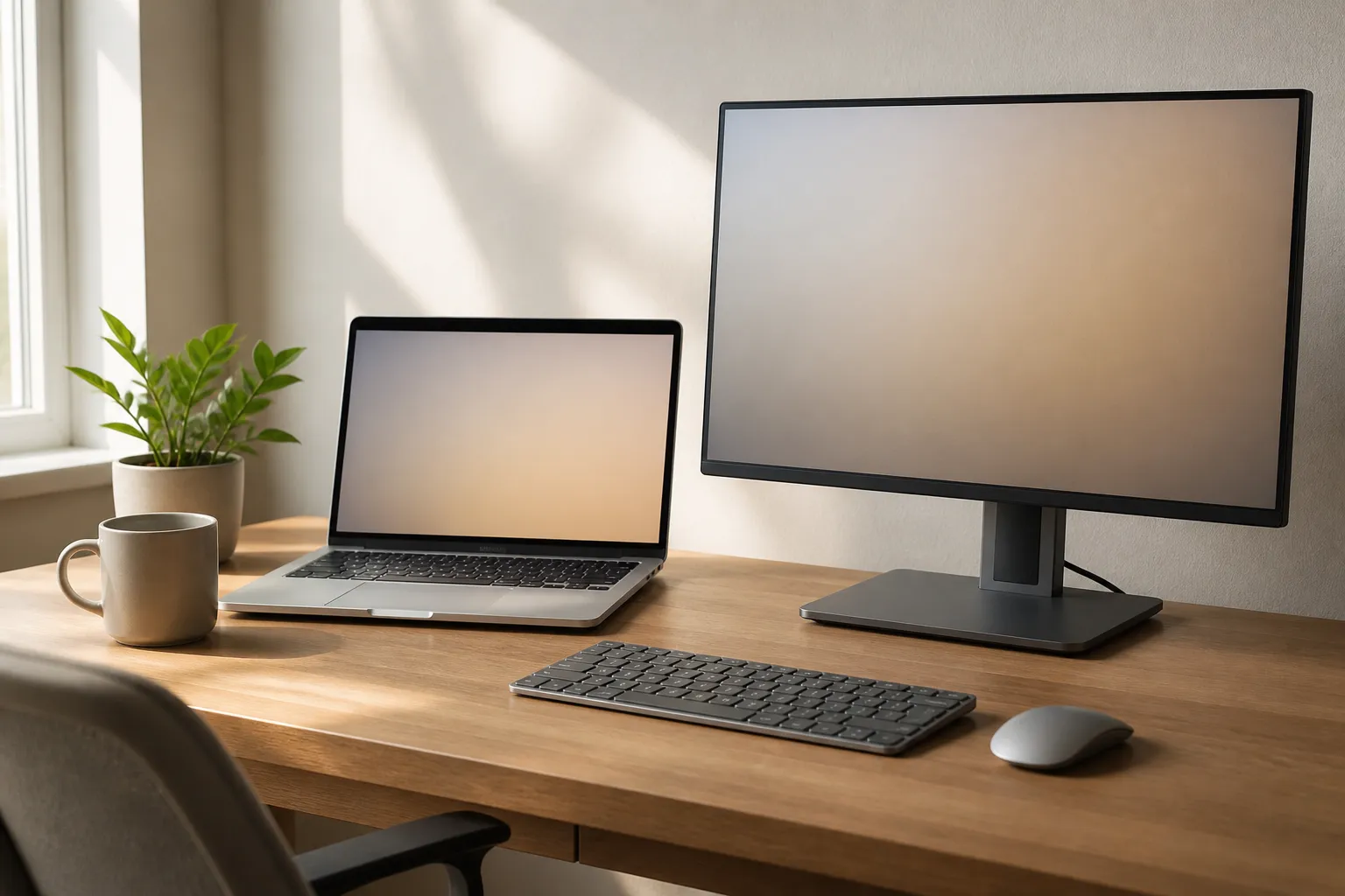 A tidy desk with a laptop, a monitor and a keyboard in warm daylight.