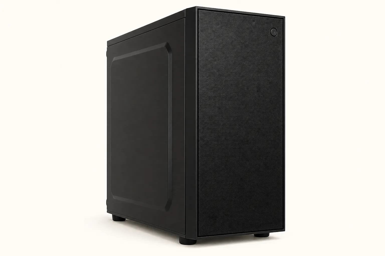 Black mid-tower desktop computer photographed from the front.