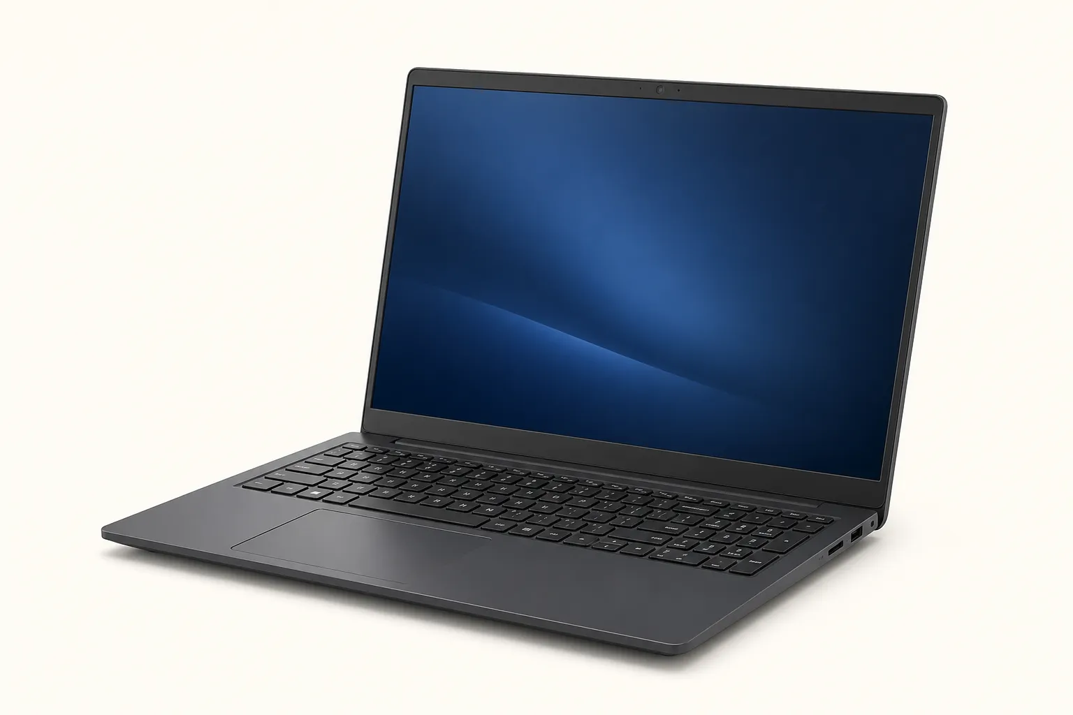 Dark grey 15-inch laptop, open and viewed at a slight angle.