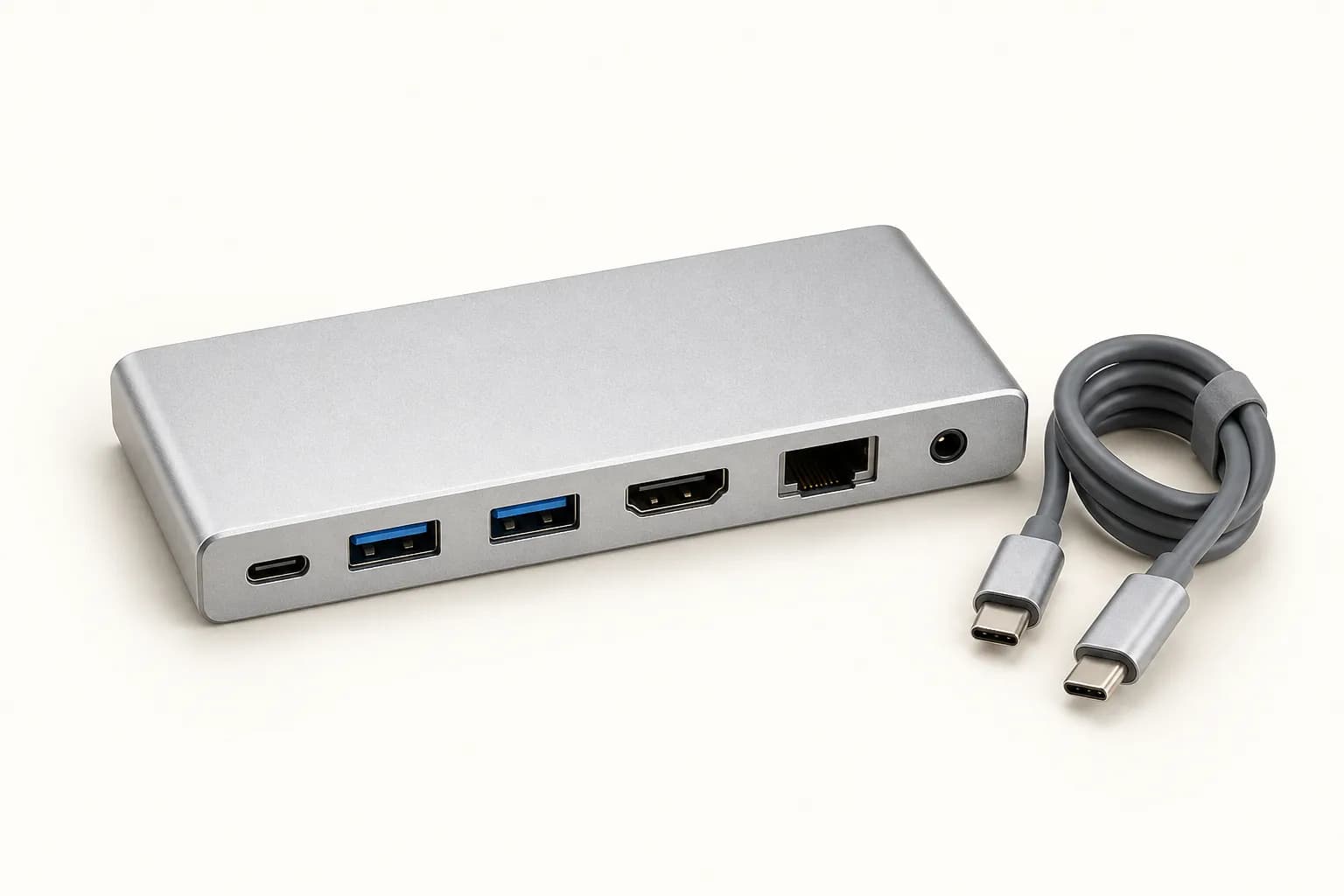 Compact aluminium USB-C dock with several ports along its front edge.